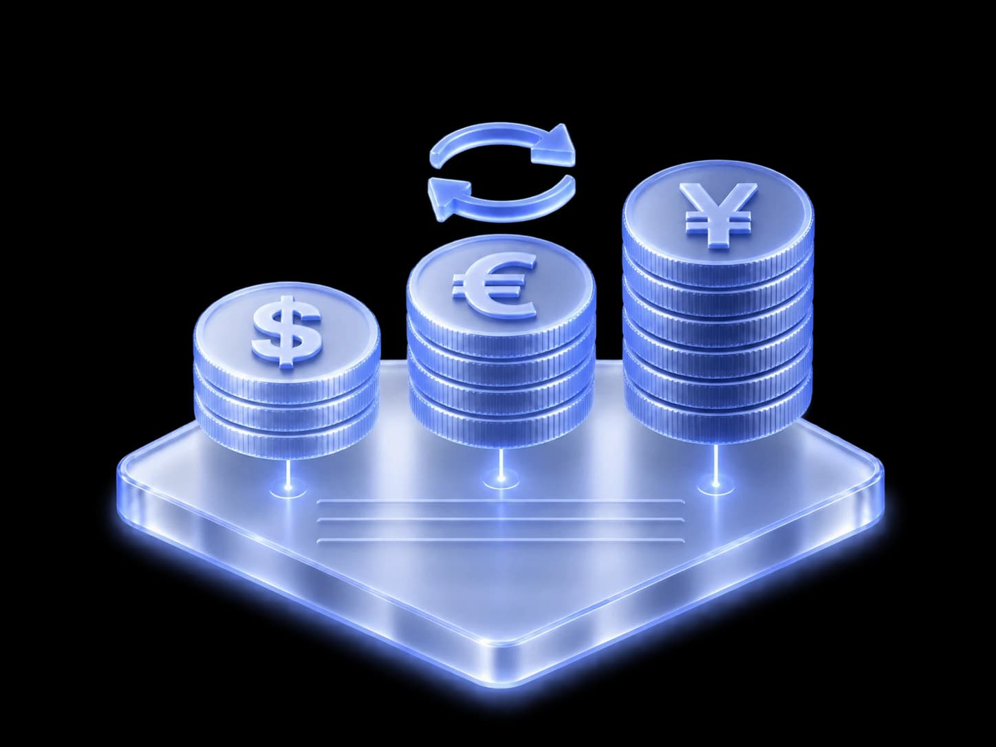 An isometric illustration of three coin stacks resting on a single ledger slab.