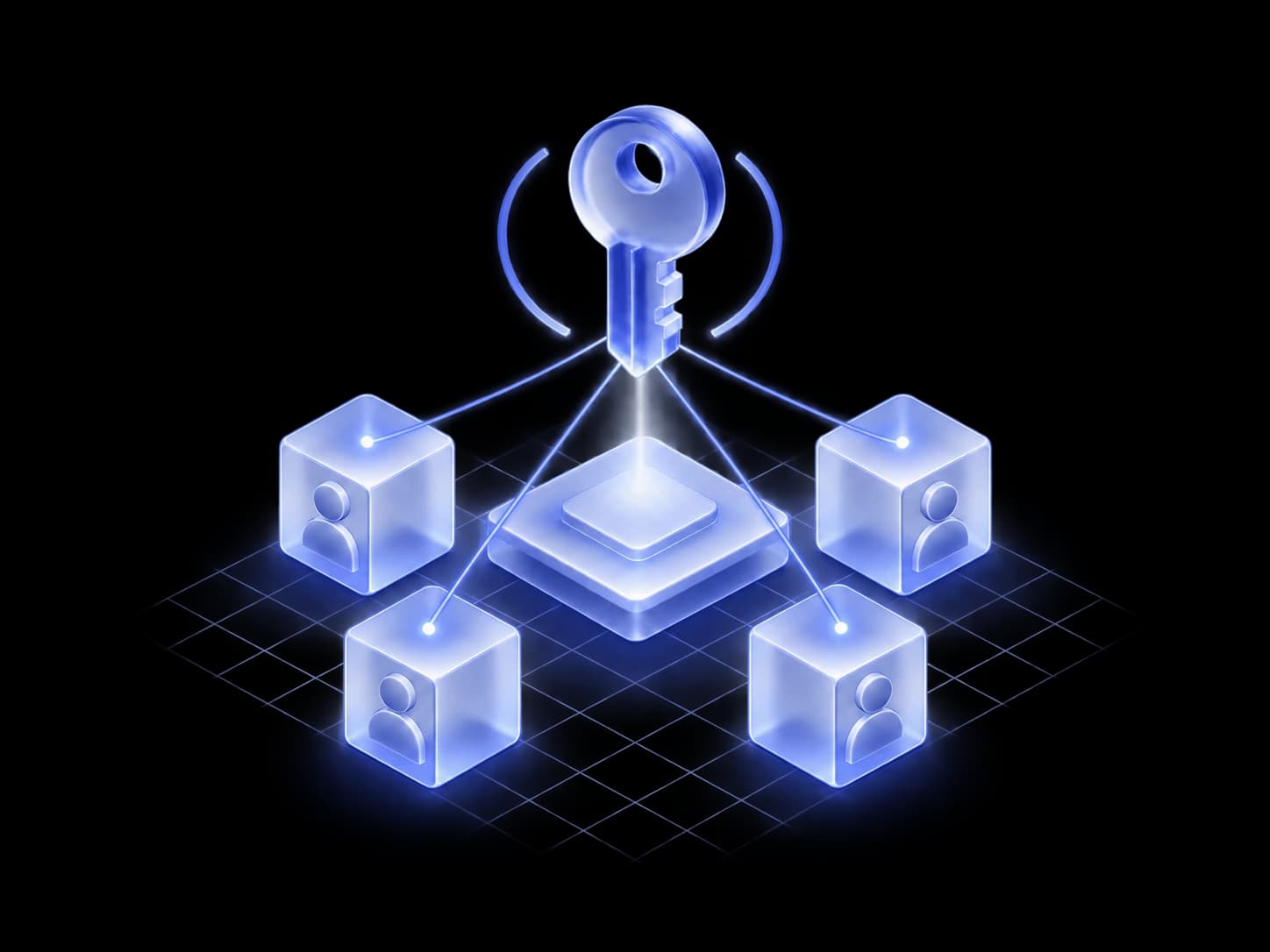 An isometric illustration of member tiles arranged around a permission key.